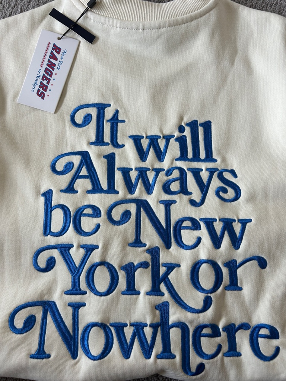 New York or Nowhere Embroidered Sweatshirt - Cream & Royal Blue, NY RANGERS